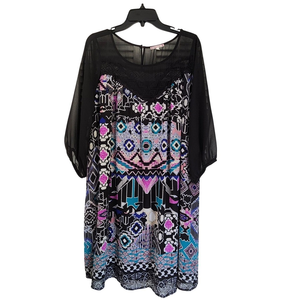 Free 2 Luv Black Pink White Geometric Knee Length Lined Dress Womens Plus 1X